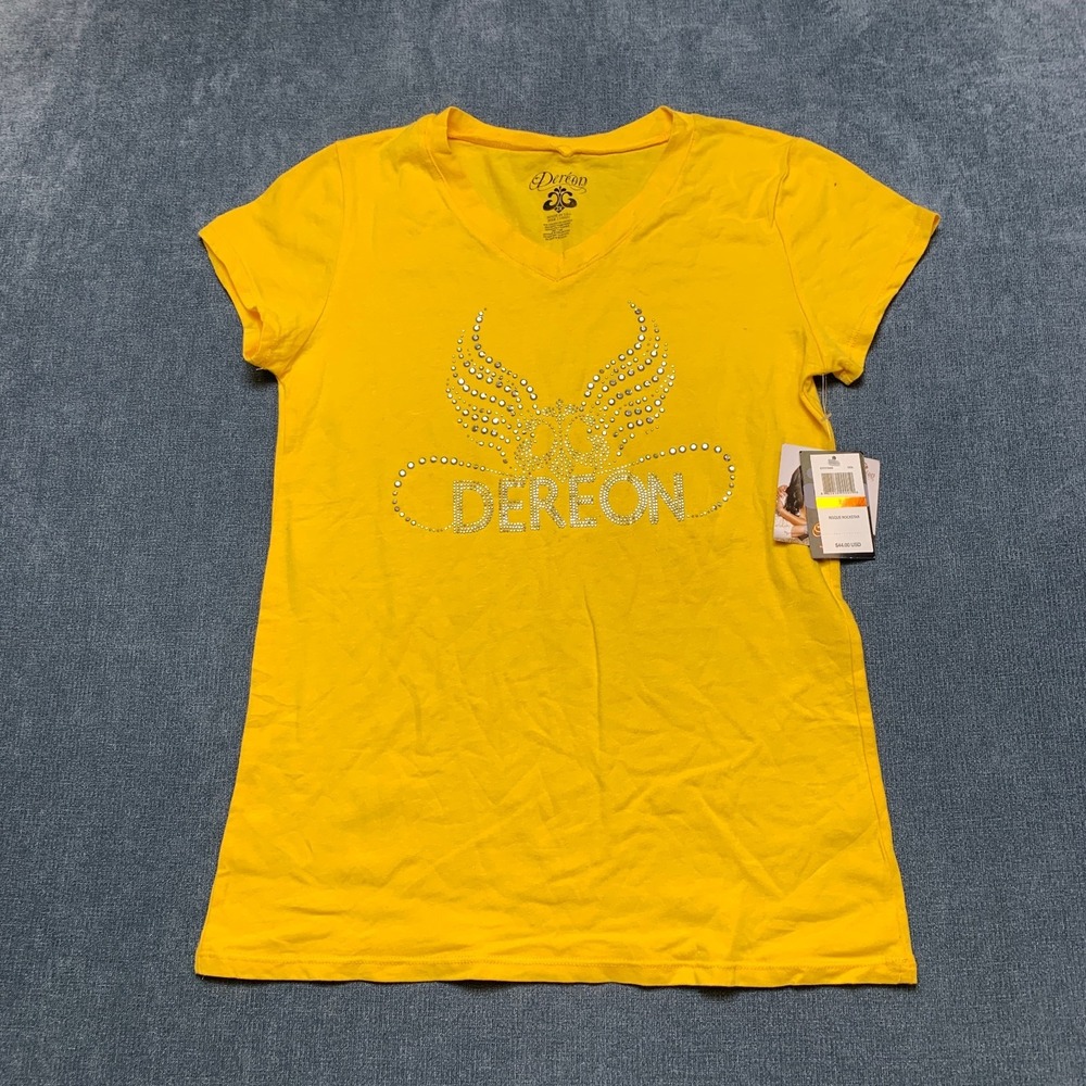 Dereon T Shirt Womens 2X Yellow Rhinestone Logo V-Neck Stretch Short Sleeve